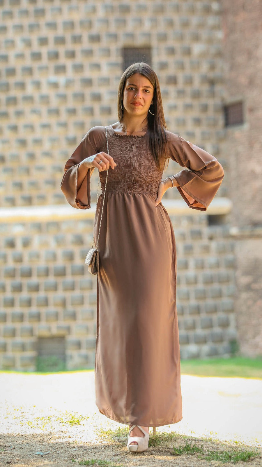 Abito lungo Midi Coffee – Vestito elegante donna in tessuto leggero, maniche svasate